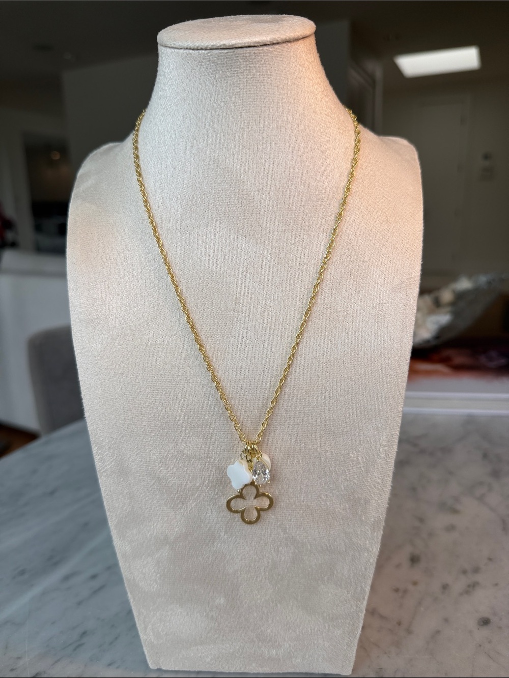 Gold Clover Charm Necklace with White Accents